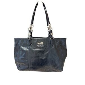 Coach Navy Madison Patent Leather Tote Bag Silver Hardware